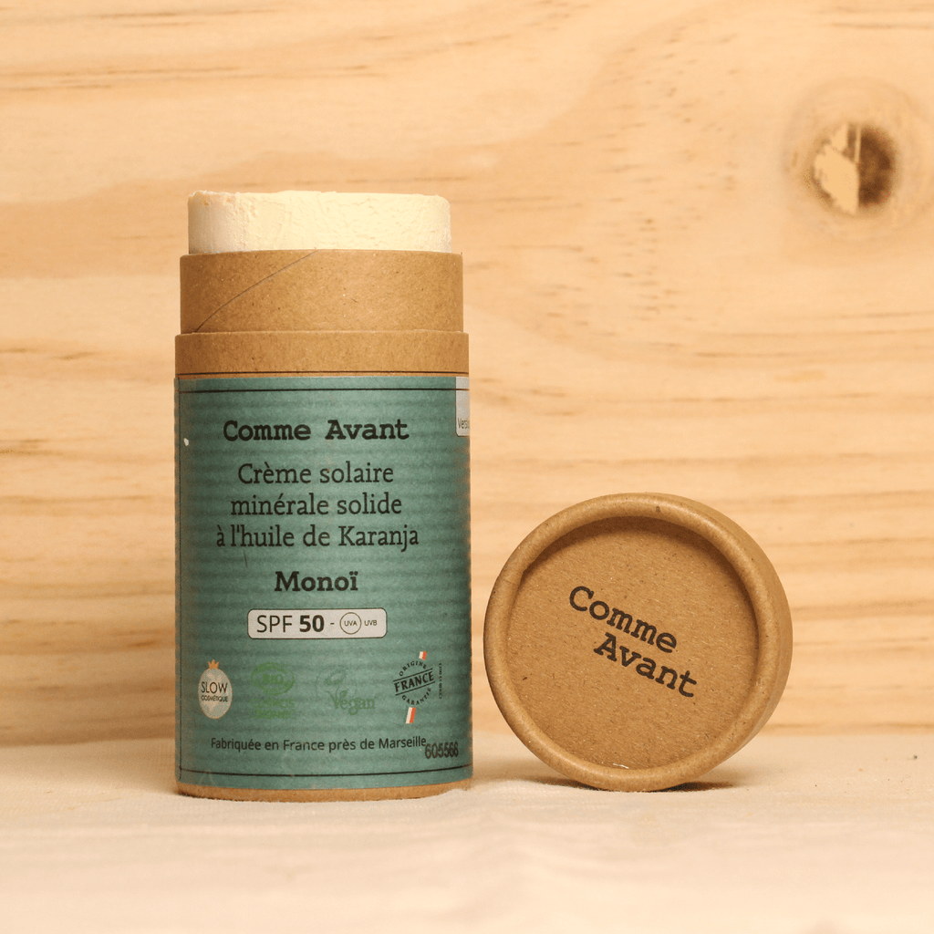Crème solaire minérale solide à l'huile de Karanja SPF50 - Monoï & Musc - 80g Comme Avant vrac-zero-dechet-ecolo-toulouse