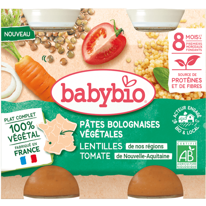 Petit pot bébé 8 mois Pâtes bolognaises végétales - Carottes lentilles tomates BIO -  2x200g Baby Bio vrac-zero-dechet-ecolo-toulouse